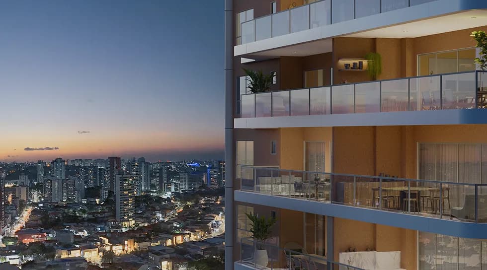 Varandas do Elleve ao entardecer, com a vista da cidade ao fundo